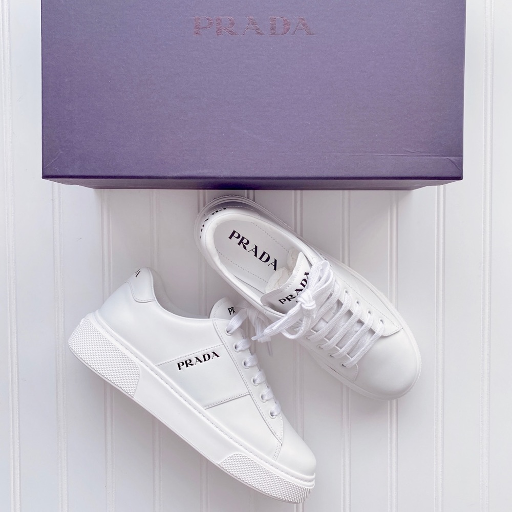 PRADA White Leather Calzature Donna Vitello Soft Bianco Sneaker Size 38.5 NWT